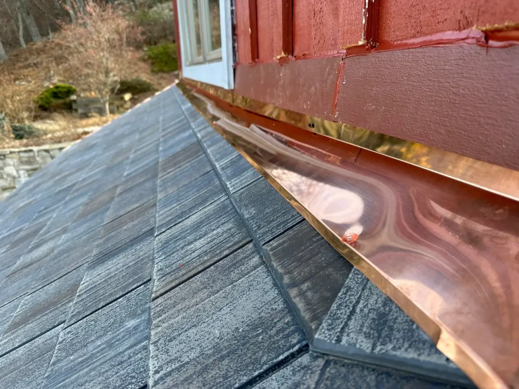 Close-up of a new gutter system installed on a residential home