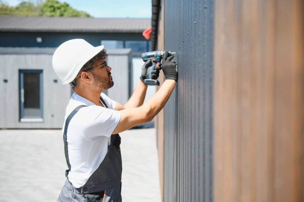 Construction worker using a drill to repair siding on a building
